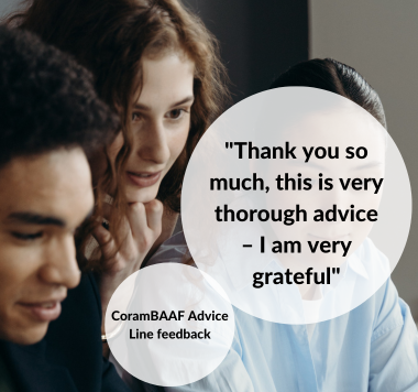 Two people looking in the same direction. Two white circles with quotes.