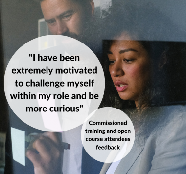 A woman writing on a post it note. Two circles with feedback in quotes.