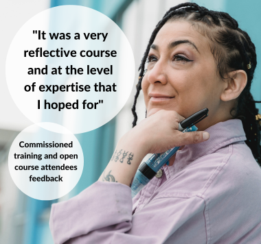 Woman with her hand on her chin holding a pen. Two white circles with quotes.